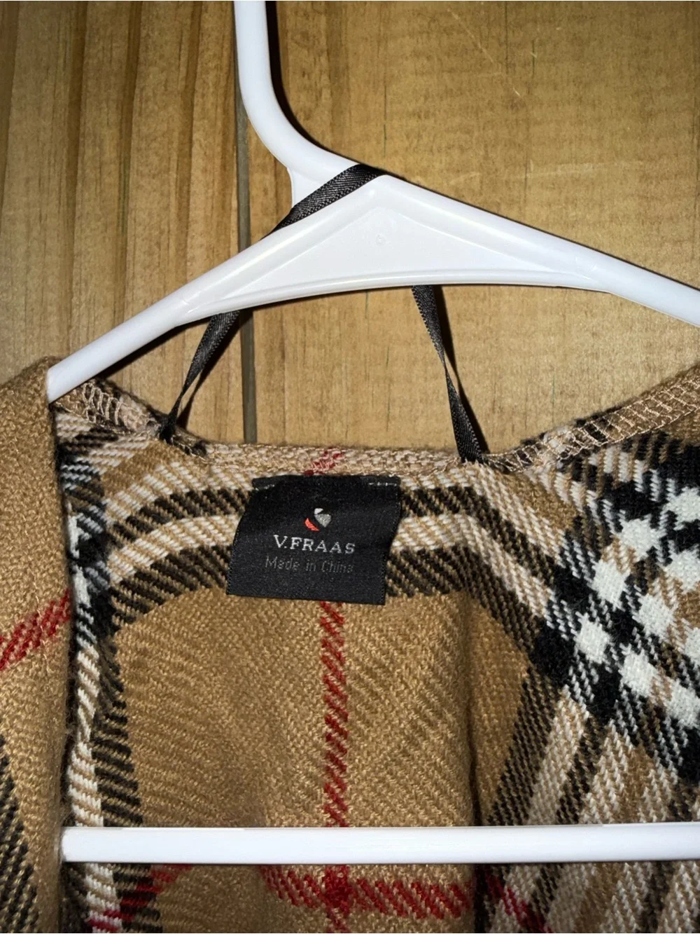 V. FRAAS Tan Plaid Fringe Shawl with Black, White, and Red Accents
